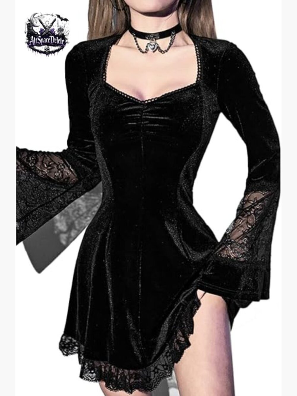 Vintage Velvet Gothic Dress with Flare Sleeves, Knee-Length A-Line
